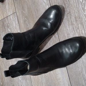 UGG black leather ankle booties with croc print heels. Size 8